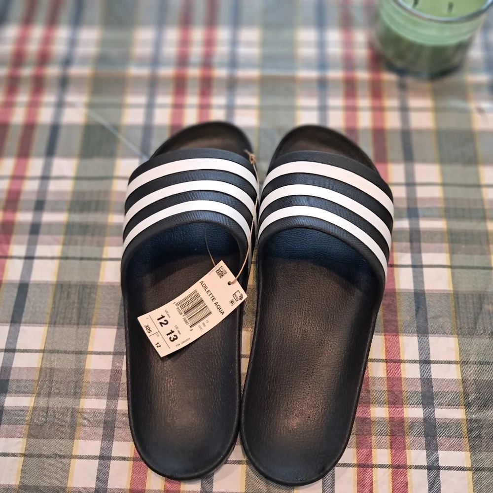 Adidas Men's Size 12 Black‎ Slide Sandals with White Stripes